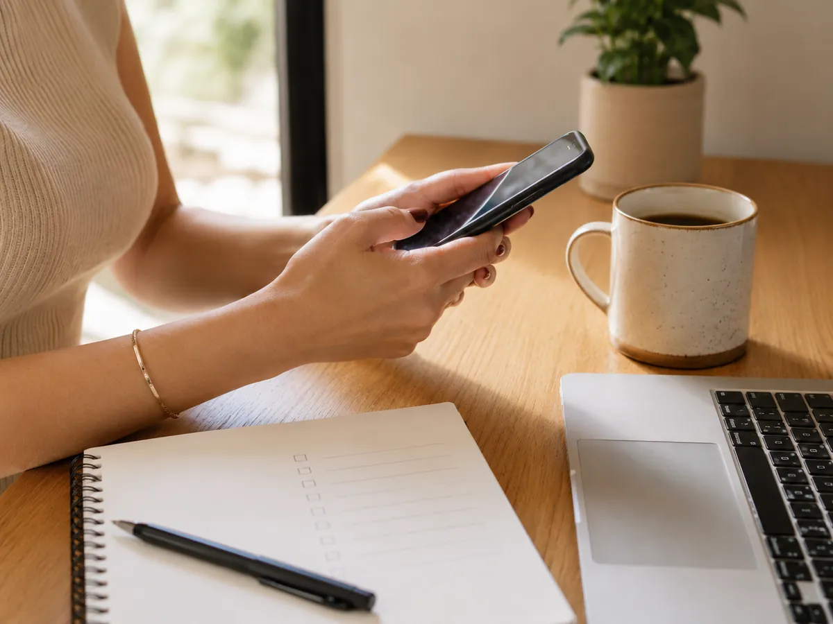 Phone, notebook, and coffee on a home desk