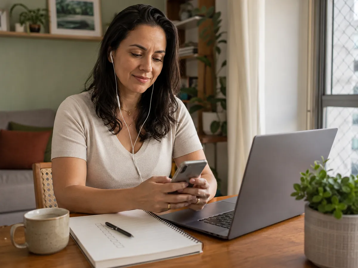 Woman getting guidance on her phone at a desk